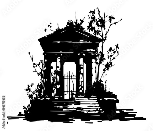 Grungy ink drawing of a classical garden pavilion or shrine surrounded by foliage