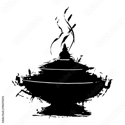 Stylized black ink sketch of an ancient incense burner with rising smoke and grunge effects