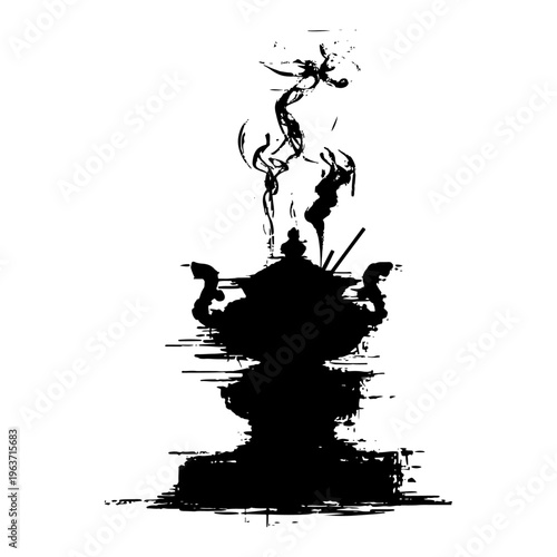 Artistic black ink illustration of a traditional incense thurible with decorative smoke swirls
