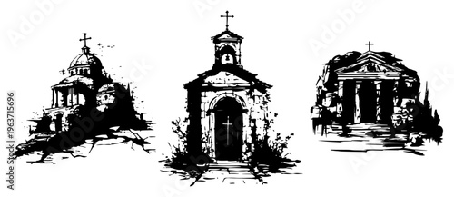 Set of small rural chapel and shrine sketches in artistic grunge style