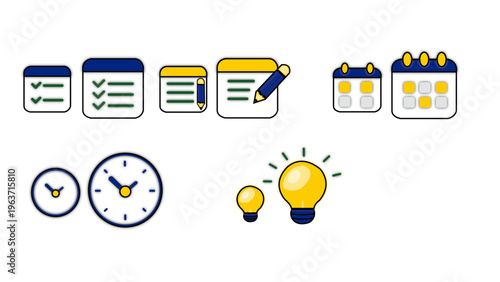Minimal Productivity App Icons Set – Task List, Notes, Calendar, Clock & Idea Lightbulb Flat Vector Pack