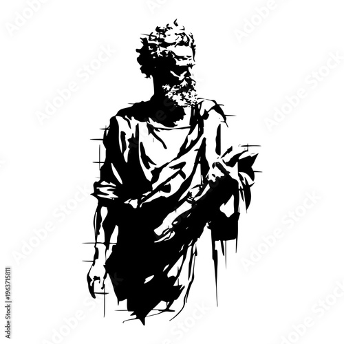 Artistic hand drawn ink illustration of an old bearded man or biblical prophet