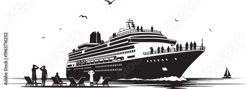 Cruise ship sailing on the ocean with people relaxing on deck chairs on the shore.