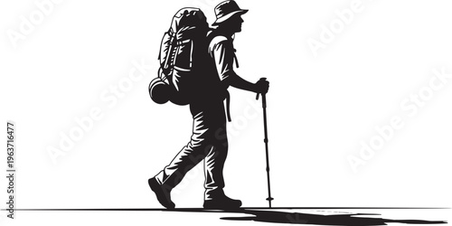 Silhouette of a hiker with a large backpack and trekking poles walking on a path.