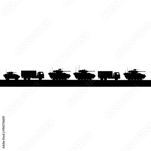 Military convoy of tanks and trucks silhouetted against a clear sky, symbolizing defense and power.
