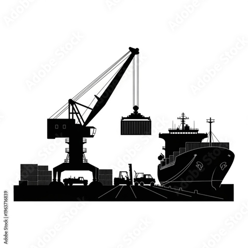 Silhouette of a large cargo ship being loaded by a crane at a busy port with containers and trucks.