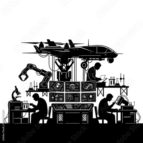 Scientists in a futuristic laboratory developing advanced technology with a drone, robotic arm, and holographic displays.