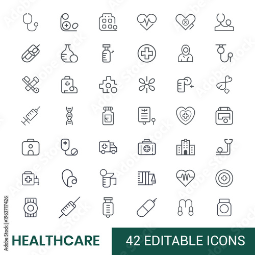 Healthcare icon sets with hospital, doctor, ambulance, medical, treatment, pills, medicine, vaccine, report etc.
