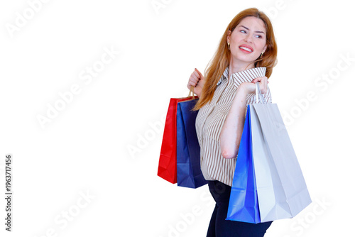 Young woman enjoying shopping, carrying colorful bags, feeling happy and satisfied with purchases on transparent background