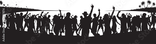 Energetic silhouette of a crowd dancing and celebrating at a party or festival, capturing the joy of nightlife and music.