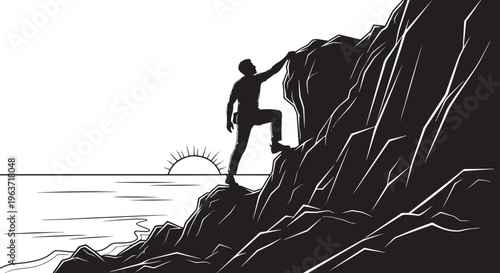 Silhouette of a determined climber scaling a rugged cliff face by the ocean at sunrise, embodying perseverance and achievement.