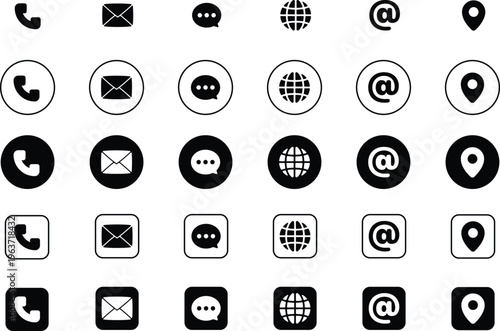 Contact us icon set. Phone, globe, email, message, at the rate and location elements form a clean communication vector illustration. Mobile and message symbol. Interface details sign.