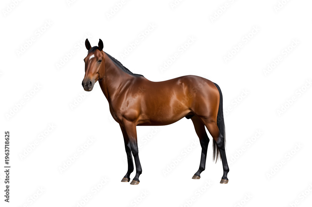 Naklejka premium Bay thoroughbred horse standing with a white blaze