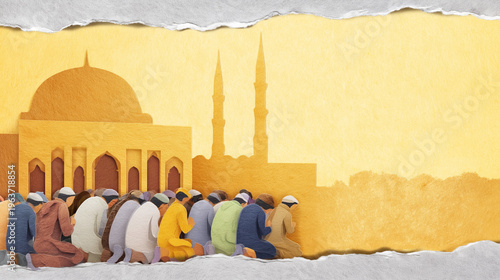 Group of men praying together in front of mosque background for Eid al-Adha  