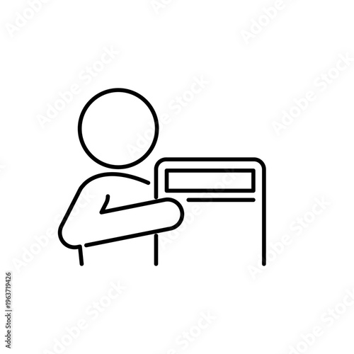 電卓を持って提示している人の線画アイコン