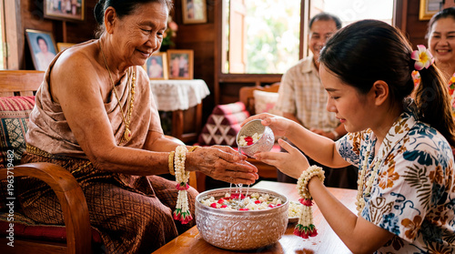 A warm family meeting during the cultural blessing ceremony Songkran Festival