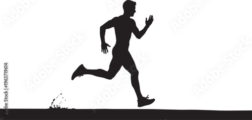 Dynamic silhouette of a male runner mid-stride, kicking up dust on a track. Represents fitness, speed, and determination.