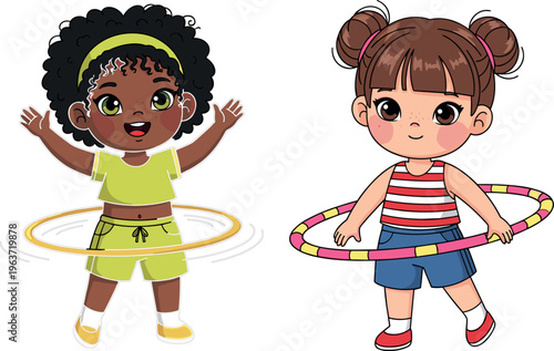 Children Hula Hooping Illustration Set Featuring Cute Girls in Activewear with Colorful Hula Hoops for Fun Sports and Playful Designs