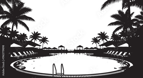 Luxurious swimming pool area with lounge chairs and palm trees under a clear sky. Resort ambiance, black and white vector.