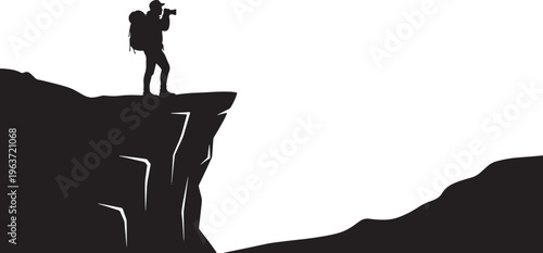 Silhouette of a photographer with a backpack standing on a cliff edge overlooking a vast landscape, capturing the spirit of exploration.