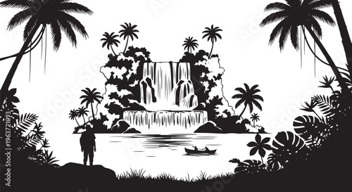 Exotic jungle waterfall scene with palm trees, lush foliage, a lone figure, and a small boat, creating a serene tropical paradise.