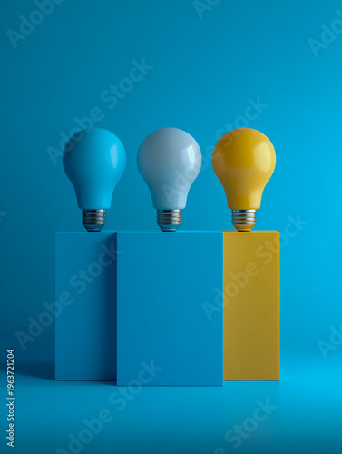 Three colorful light bulbs in blue, white, and yellow balanced on matching rectangular blocks against a vibrant blue background symbolizing creativity and innovation