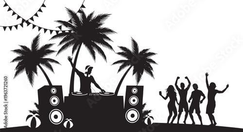 Beach party with a DJ playing music under palm trees, while people dance joyfully, featuring party flags and beach balls.