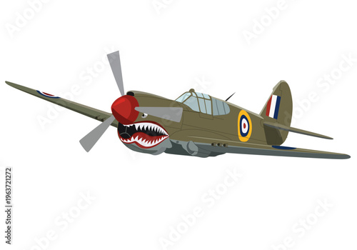 Billede på lærred World War II Fighter Plane Illustration with Shark Mouth Nose Art and Royal Air