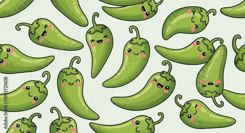 a pattern of cartoon green peppers with smiling faces on a light green background with white empty s