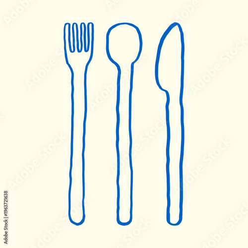 Hand-drawn cutlery in naive doodle style. Line vector drawing of fork, spoon, knife