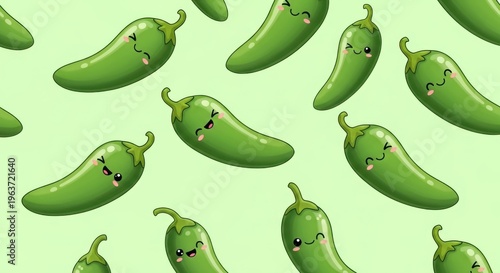 a repeating pattern of cartoon jalapenos on a light green background green peppers jalapeno peppers