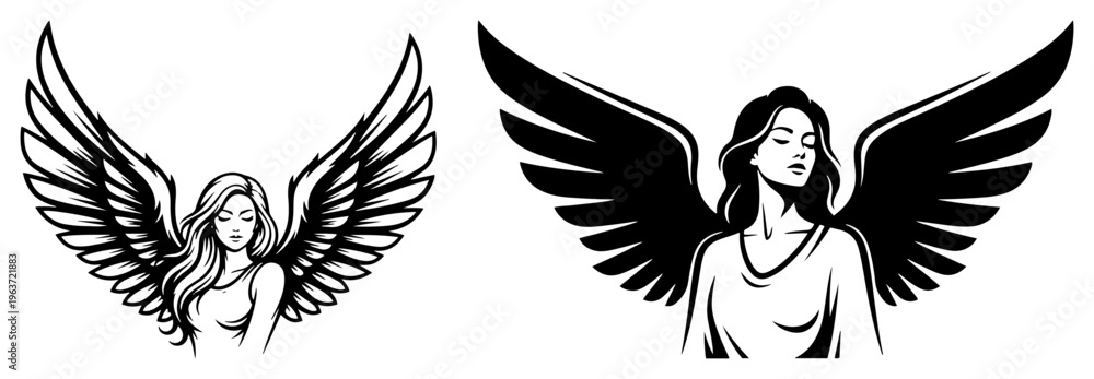 Obraz premium Beautiful woman angel with open wings vector illustration set
