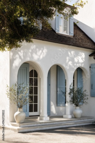 White house with blue shutters and large entrance steps in a sunny location during the daytime showing plants by the door