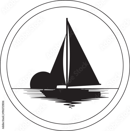 Minimalist black and white circular icon of a sailboat on calm water with a partial sun reflection.