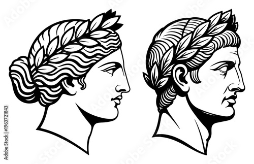 Classical profile portraits of roman man and woman with laurel wreaths