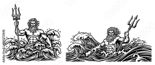 God poseidon emerging from sea waves holding a trident weapon