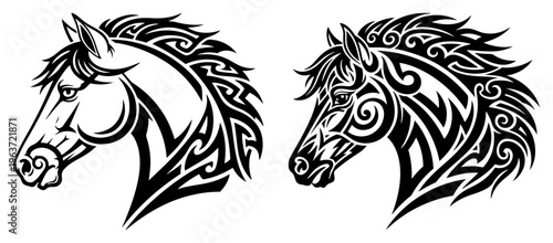 Ornamental tribal horse head tattoo design in black and white