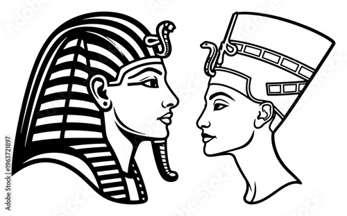 ancient egyptian pharaoh and queen nefertiti profiles vector illustration