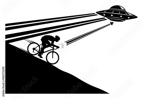 cyclist silhouette riding fast downhill chased by ufo