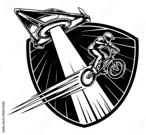 mountain biker jumping near spaceship in shield emblem