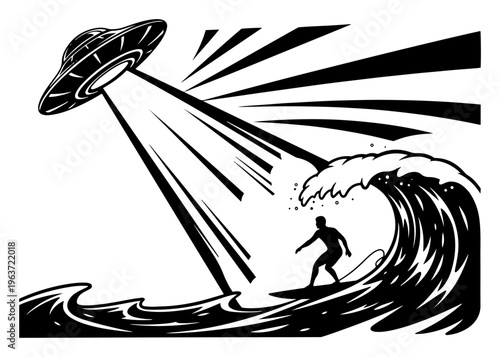 Alien spaceship beaming light on surfer riding big ocean wave