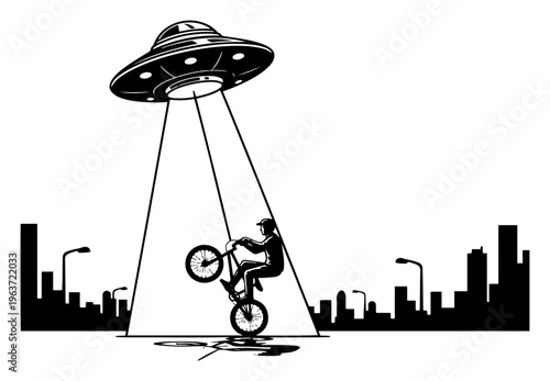 Alien spaceship abducting bmx cyclist performing trick over city skyline