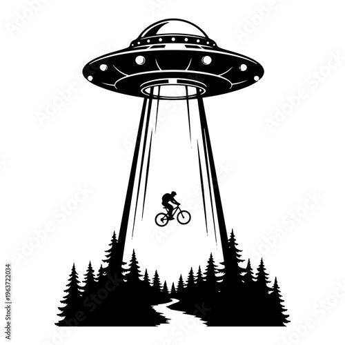 alien spaceship abducting cyclist with light beam over forest