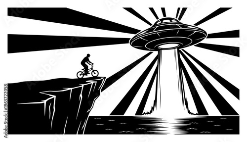 Cyclist standing on cliff edge watching ufo hovering over ocean