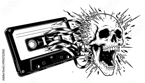 Retro audio cassette tape with ribbon transforming into screaming skull