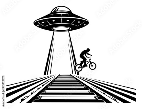 Bmx rider jumping over railway tracks under alien ufo beam