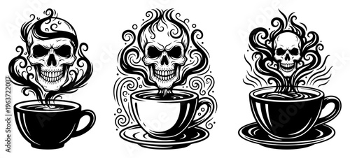 Set of steaming coffee cups with spooky skull shapes in smoke