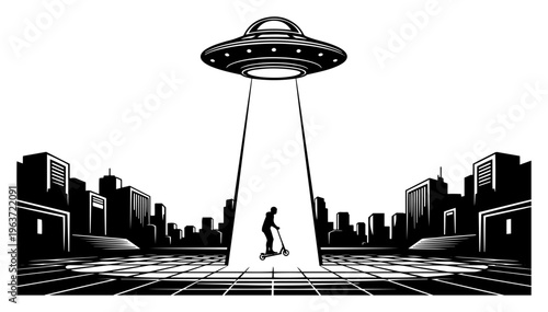person riding scooter being abducted by ufo beam in city
