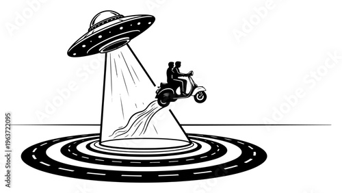 couple on motorbike escaping from alien spaceship beam