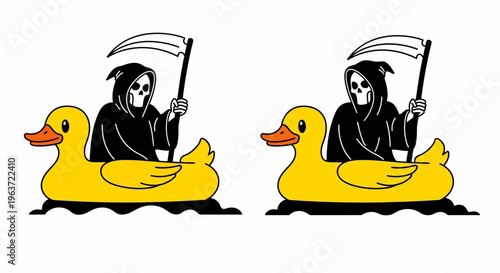 Spooky Grim Reaper Figure Riding Yellow Rubber Duck Float in Murky Waters.
